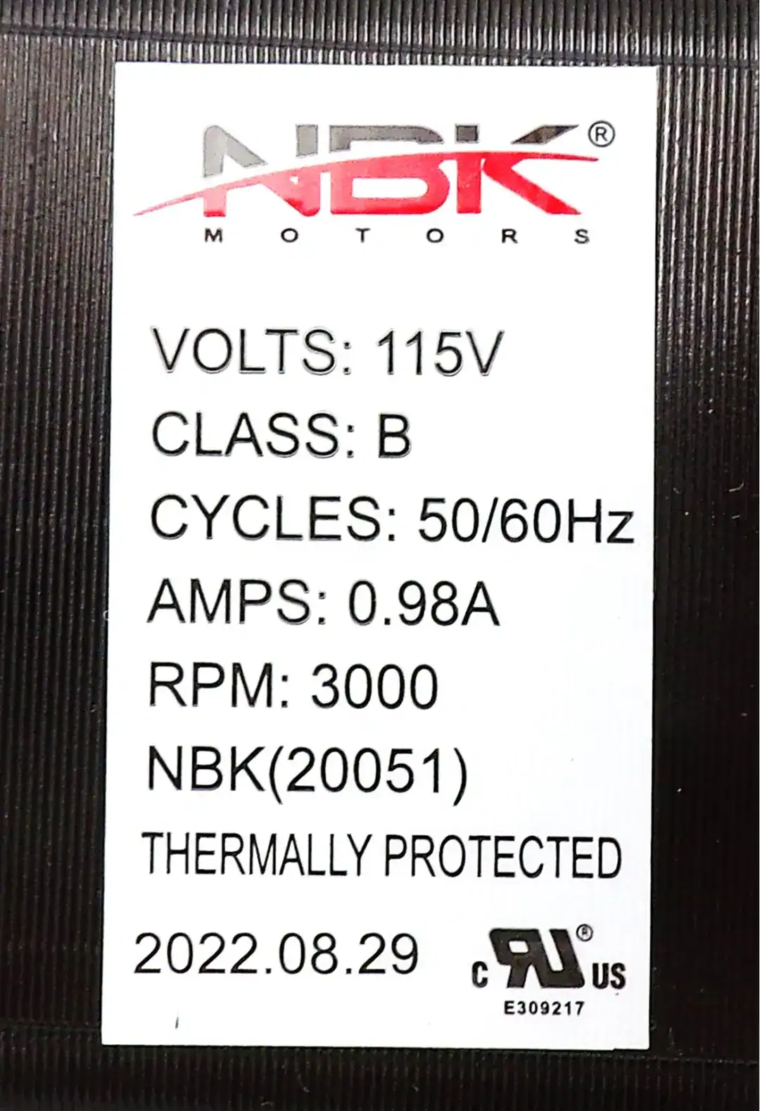 NBK-20051 EXHAUST BLOWER MOTOR, 115 VOLT, 0.98 AMPS, 3000 RPM - Image 3