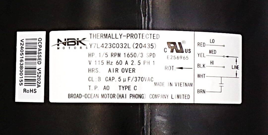 NBK-20435 FAN MOTOR 1/5 HP 115V,60HZ,3.3A,1585RPM,3SP - Image 4